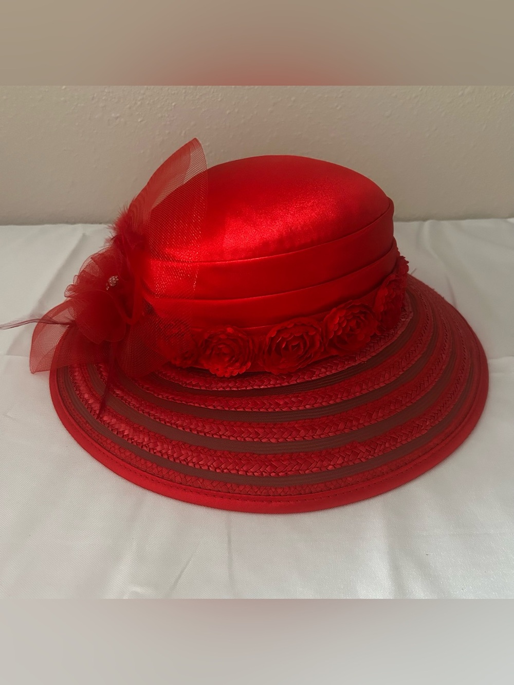 Elegant Red Women's Dress Hat with Floral Trim